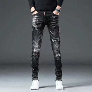 High Street 2022 Fashion Casual Ripped Jeans Men's Patch Teenagers Cowboy Paint Splash Ink Black Pencil Pants Skinny Jeans Men PlatiNum