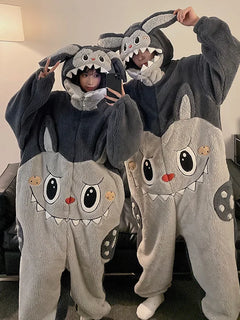Kigurumi Cat Onesie Winter Warm Sleepwear Women Men Pajamas Thicken Couple Pijamas Cartoon Night Wears For Women Hooded Homewear