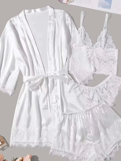 Set loungewear di lusso in pizzo da 4 pezzi - Canotta + pantaloncini/pantaloni + vestaglia kimono | Collezione di indumenti da notte sexy da donna