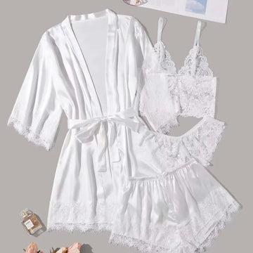 Set loungewear di lusso in pizzo da 4 pezzi - Canotta + pantaloncini/pantaloni + vestaglia kimono | Collezione di indumenti da notte sexy da donna