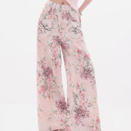 Nuovi jeans ricamati rosa stile cinese da donna Pantaloni estivi casual a gamba larga lunghi fino al pavimento con design stampato