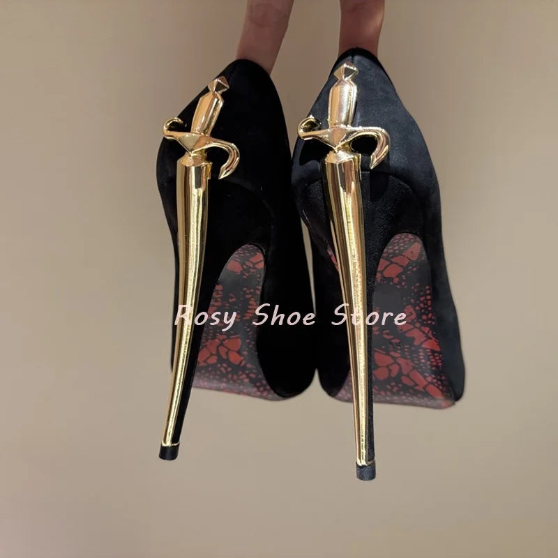 Black Suede Point Toe Strange Style Scepter-Shaped Heel Pumps Gold Silver Metal Fastener Heel Decor Pumps Nightclub Dancing Shoe