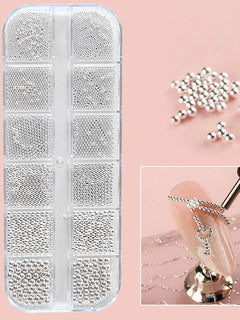12Grid Metal Micro Caviar Beads Nail Art Charms, Gold Silver Mini Balls, 3D Nail Gem Decor with Magnetic Pen for DIY Nail Decoration