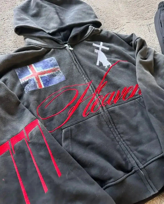 Abito da uomo streetwear retrò americano Set da due pezzi Felpa con cappuccio con cerniera Goth Harajuku Felpa da tuta sportiva casual alla moda High Street