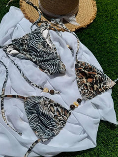 Nuovo Sexy Bikini Brasiliano con Inserti in Pizzo, Costume da Bagno Femminile con Stampa e Allacciatura al Collo, Biquini
