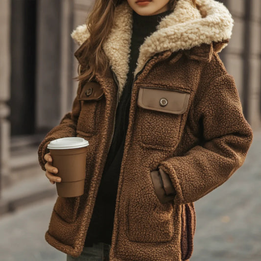 2025 Womens Vintage Lambskin Leather Coat Patchwork Design Hooded Jacket With Pockets Biker Style Autumn Winter Warm Outerwear