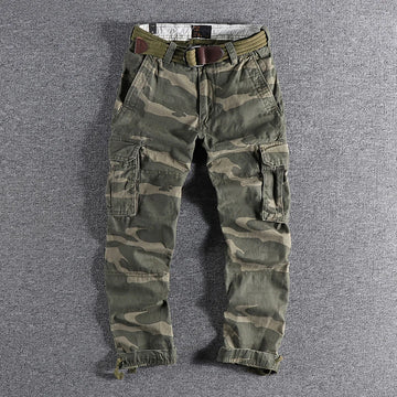 Heavyweight Camouflage Pants Men Clothing Multi-pockets Solid Color Patchworked Outdoor Trousers Retro Cargo Casual Wear Jogger