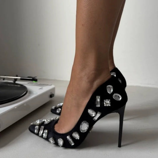 Autumn new pointed toe shallow silk rhinestone single shoes banquet dress large size thin heel high heel customized women's shoe