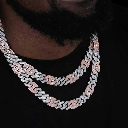 Hip Hop 15mm Iced Out catena a maglia cubana Shiny CZ Stone Pink collana cubana con naso di maiale placcato a due colori per donna uomo