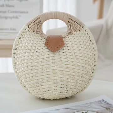 Borsa a Tracolla Circolare in Paglia Intrecciata Stile Bohemien, Borsa da Spiaggia Estiva per Signore, Borsa a Mano Vintage con Decorazioni in PU, Pochette da Viaggio e Festa