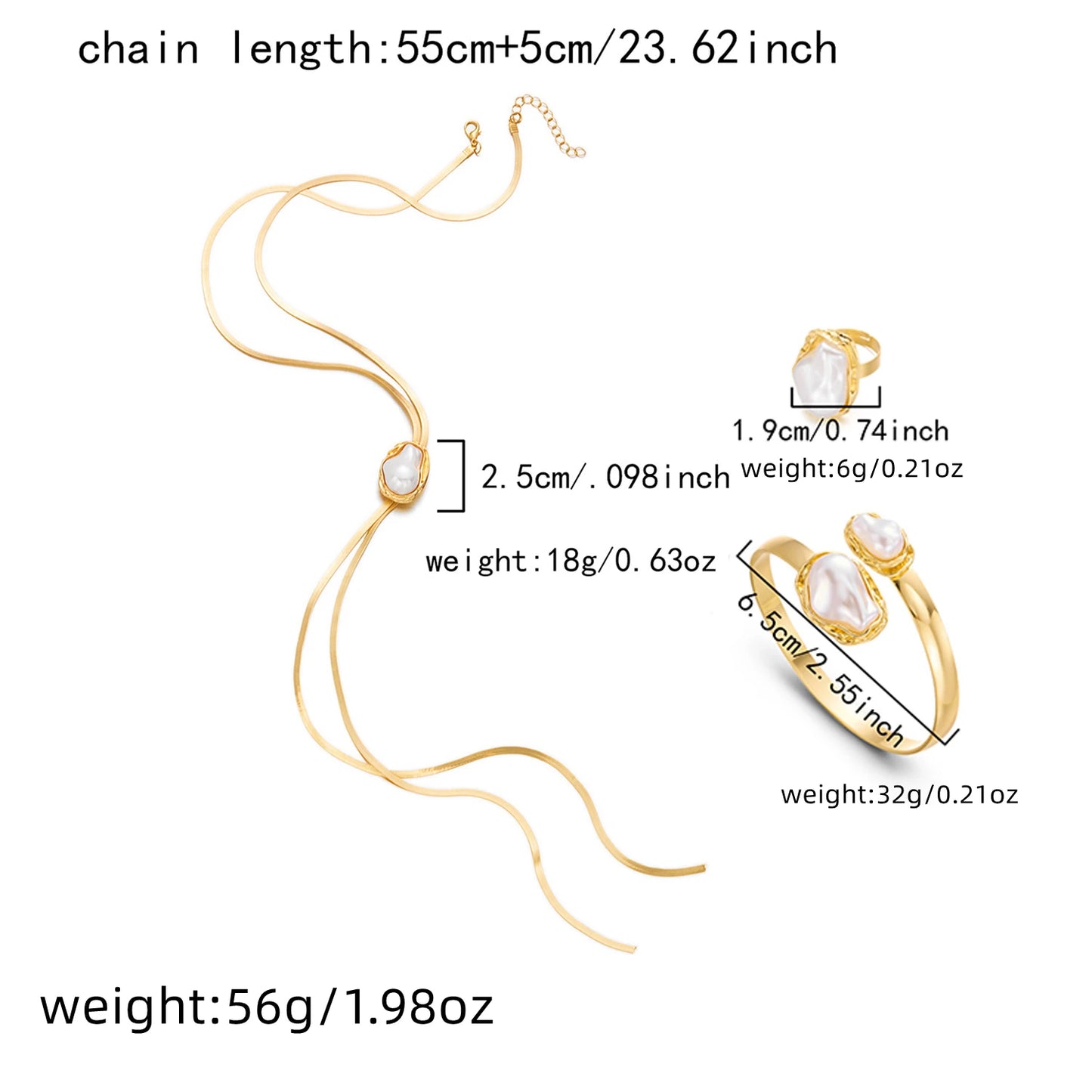 Set di gioielli con perle finte barocche dorate esggerate per le donne Collana con catena a serpente vintage Bracciale aperto e gioielli con anello