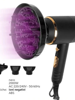Professional Hair Dryer 2000W with Diffuser, Negative Ion Hair Dryer, 220-240V 50/60Hz, Black