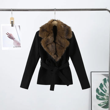 Casual Patchwork Faux Fur Collar Women's Coat Lace Up Pockets Thicken Lady Coats 2026 Autumn Winter Female Street Outerwear