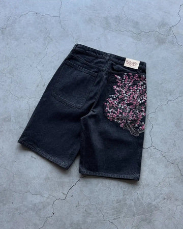 Casual suit retro low waist hip hop cherry blossom embroidered jeans wide leg pants y2k clothing mens embroidered loose jeans PlatiNum