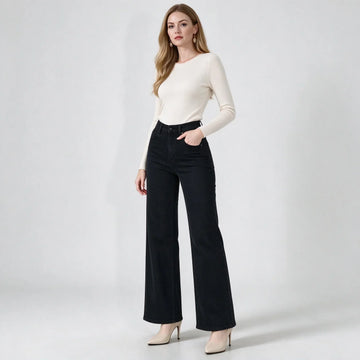Women's Black Wide Leg Jeans, High Waist, Stretch Denim, Comfortable Loose Fit, Belt and Scarf Details, Modern Casual Style, Fashion Trousers for All Seasons, Sizes Xs-Xl,Fx1338-7