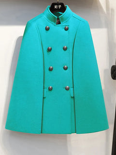 French Elegant Retro Hepburn Style Stand Collar Double-breasted Loose Temperament Commuter Woolen Jacket Cape Cloak Women Autumn