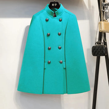 French Elegant Retro Hepburn Style Stand Collar Double-breasted Loose Temperament Commuter Woolen Jacket Cape Cloak Women Autumn