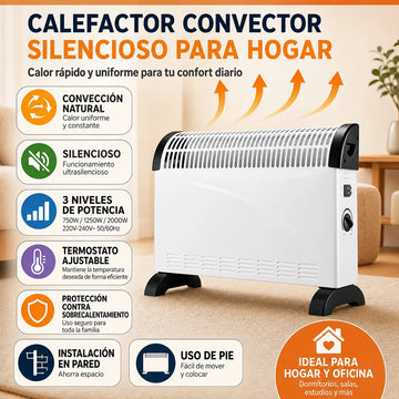 2000W Silent Electric Convector Radiator with 3 Power Levels, Adjustable Thermostat and Overheating Protection, Wall or Floor Heater for Home or Office