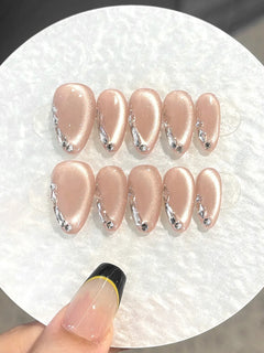 10PCS Original Handcrafted Nude Cat Eye Almond Press On Nails, Sparkling Rhinestone Artificial False Nails