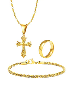 Set di Gioielli Hip Hop da Uomo 3 Pezzi, Ciondolo a Croce in Acciaio Inossidabile, Bracciale con Catena a Corda Intrecciata, Set di Gioielli Regalo per Papà, Figlio, Marito