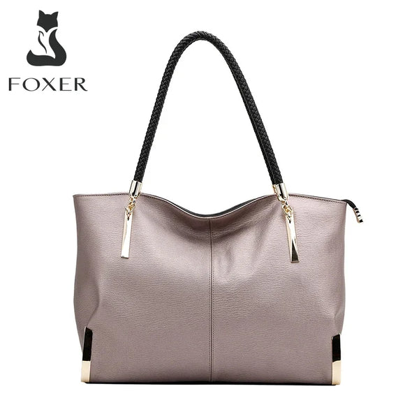 FOXER Brand Stylish Women Cowhide Leather Handbag Female Shoulder Bag Design Luxury Lady Large Capacity Zipper Top-Handle Bags