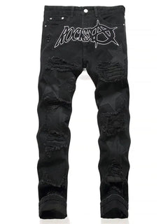 Autumn And Winter Retro Black Ripped Jeans Men'S Straight Leg Pants Pentagram Patch Casual Jeans Pants