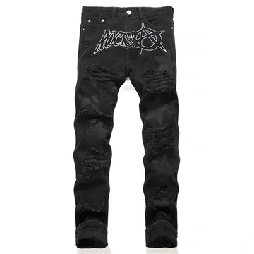 Autumn And Winter Retro Black Ripped Jeans Men'S Straight Leg Pants Pentagram Patch Casual Jeans Pants PlatiNum