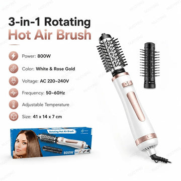 New 3‑in‑1 Rotating Hot Air Brush, 800W Professional Hair Dryer Brush with 2 Curling Rollers, Adjustable Temperature & Speed Bi‑Directional Rotation Hair Styling Tool