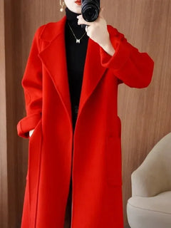 100% Wool Coat Women's Wear 2026 Autumn/Winter Fashion Temperament Double sided Cashmere Coats with Belt Elegant Long Overcoat