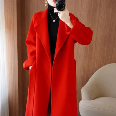 100% Wool Coat Women's Wear 2026 Autumn/Winter Fashion Temperament Double sided Cashmere Coats with Belt Elegant Long Overcoat