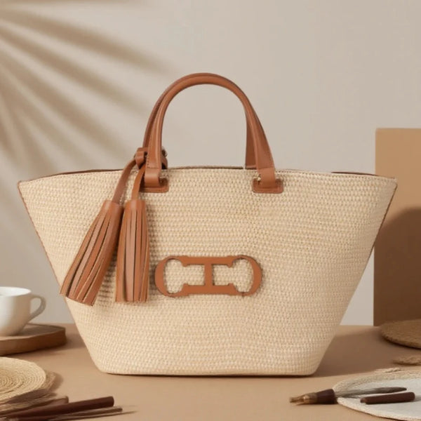 Carolina Herrera Borsa a secchiello in paglia intrecciata ecologica Borsa da spiaggia di grande capacità con manici in pelle Borsa per la spesa