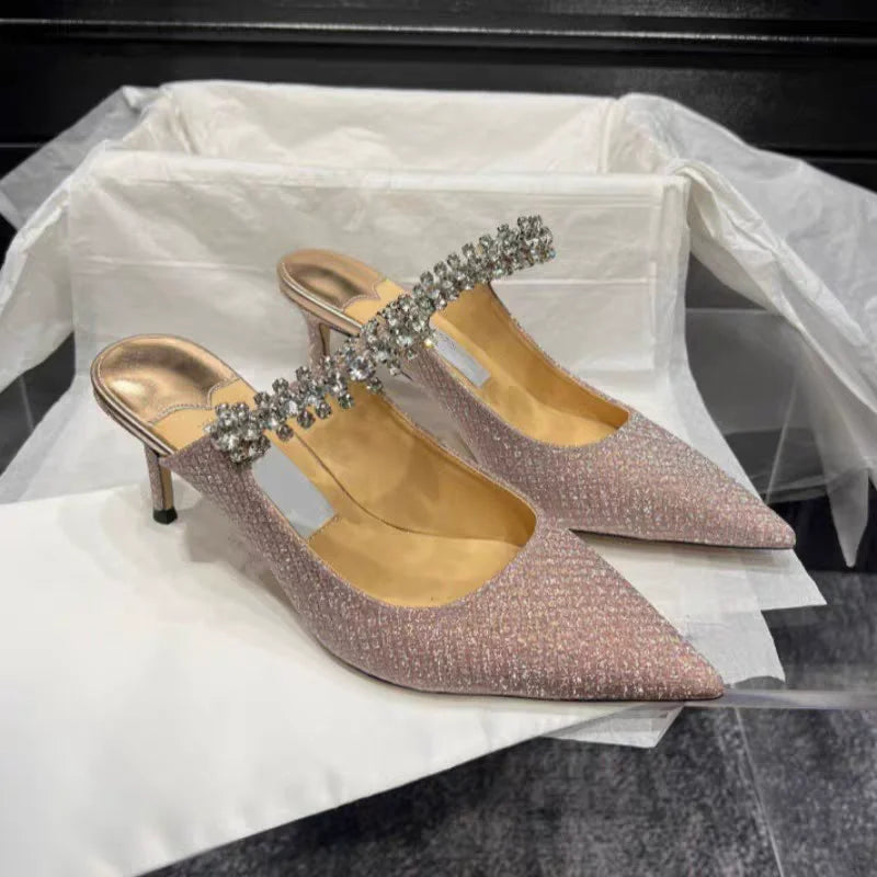 European and American Women Slippers 2025 Summer New Rhinestone High Heels Pointed Temperament Muller Shoes