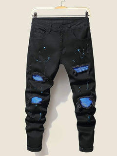 Men's Jeans Cool Ripped Skinny Trousers Stretch Slim Denim Pants Patchwork Hip Hop Black Blue Casual Jogging Jeans for Men