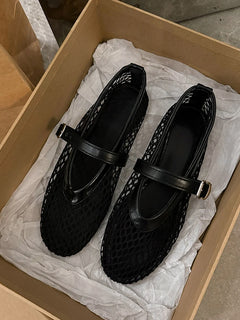 Scarpe estive da donna: Ballerine Mary Jane con punta tonda, fibbie dritte, casual e comode, con intagli, in rete