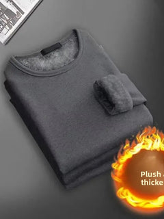 Camiseta Térmica de Manga Larga para Hombre Forro Polar Grueso Cuello Redondo Ajustada Camiseta Interior de Color Puro Top de Otoño