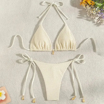 Nuovo Bikini Halter Testurizzato 2026 da Donna, Set Bikini a Triangolo a 2 Pezzi, Costume da Bagno Sexy a Taglio Alto con Laccetti Laterali PlatiNum