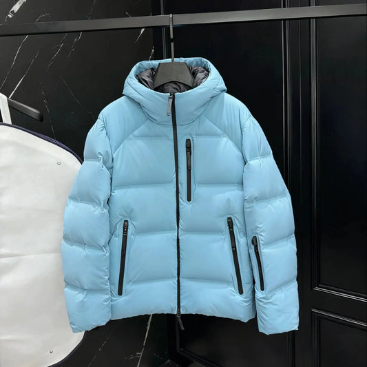 2025 Piumino da uomo con cappuccio ispessito azzurro, capispalla antivento per la stagione fredda