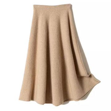 100% Pure Cashmere Over-The-Knee Mid-Length Knitted Skirt for Women, Autumn and Winter, 100% Pure Cashmere High-Waisted Slimming Base Umbrella Skirt, Thick for Commuting PlatiNum