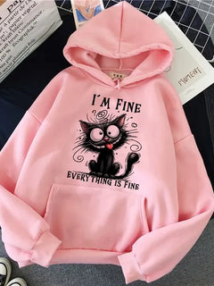 Women’s Vintage Y2K Hooded Pullover, Kawaii Sweatshirt With Sarcastic Cat Graphic Print Long‑Sleeve Tops For Daily Street Wear