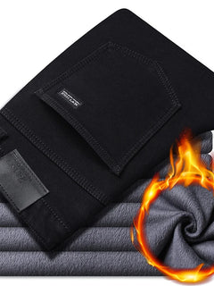 Winter Pure Black Fleece Thick Warm Jeans Men's Slim Straight Elastic Denim Pants Casual Male Clothing Fashion Plush Trousers