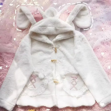 Kawaii Winter Clothes Cute Coats Women Rabbit Cosplay Costume Ears Hooded Lamb Wool Lolita Outwear Y2K Thicked Cartoon Jackets