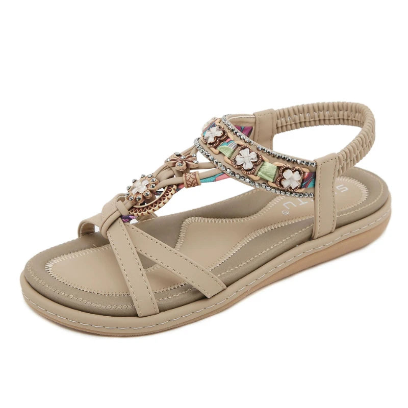 Summer 2025 Pomesian Rhinestones Comfortable And Casual Beach Flat Sandals For Women Ethnic Style Leisure Comfortable And Simple