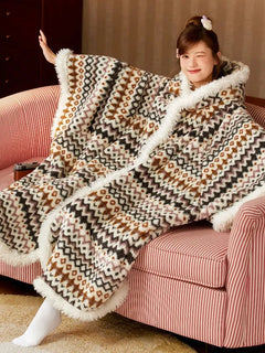 New Cute Blanket Hooded Cloak Coral Velvet Pajamas Women's Autumn Winter Thickened Robe Blanket Multifunctional Thermal Products
