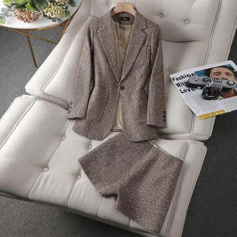 Women's Blazer Two-piece Set Spring Autumn New Fashion Glitter Vintage Suit Jacket Elegant Casual Shorts +Shiny Check Outwear Se
