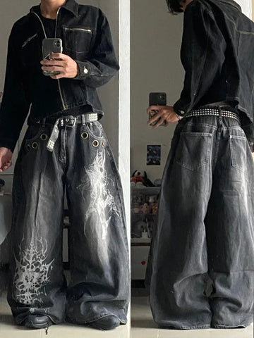 American New Fashion modello oversize stampato jeans lavati uomo Y2K gotico rock popolare casual Joker pantaloni a gamba larga a vita alta