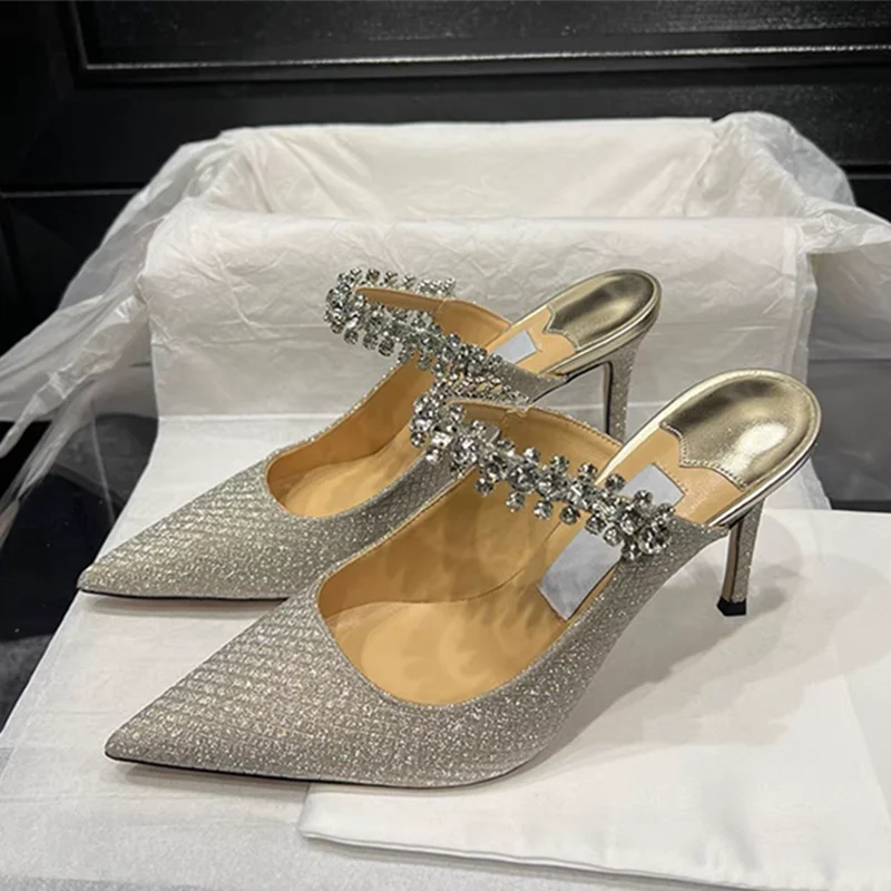 European and American Women Slippers 2025 Summer New Rhinestone High Heels Pointed Temperament Muller Shoes