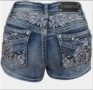 Women Rider Motorcycle Wing Rivet Embroidery Shorts Y2k Vintage Gothic Hot Girl Sexy Washed Denim Shorts Low Waist Mini Skirts PlatiNum
