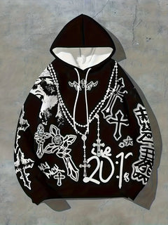 Gothic Cross Graffiti Hoodie Men Women Black Chain Rose Print Casual Pullover Hooded Sweatshirt Hip Hop Sport Streetwear Tops