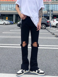 American High Street Zipper Ripped Raw Edge Black Jeans Men's fashion Loose Straight Leg Long Pants Casual Streetwear Jean