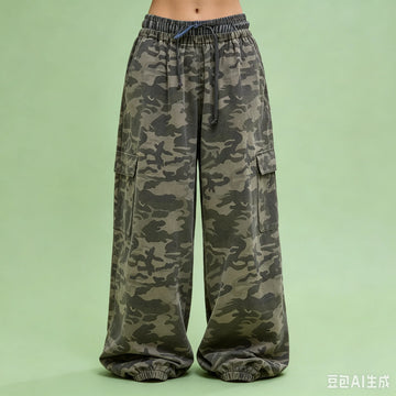 100% Cotton Camouflage Cargo Pants for Women, Elastic High Waist Drawstring Loose Baggy Wide Leg Pants, Multi Pocket Jogger Trou
